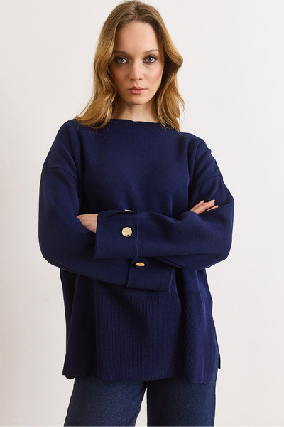 Olalook Women's Navy Blue Cuff Buttoned Slit Knitwear Sweater Kzk-19001110