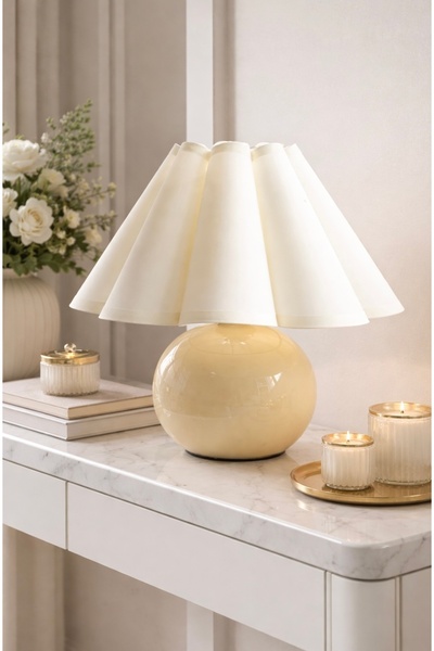 burenze Modern Matmazel Saten Ekru Kumaş Abajur Krem Gövde