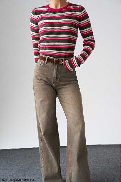 Lupies Kadın Çizgili Bisiklet Yaka Viskon Triko Kazak