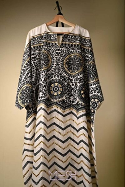 MESH sa Beige jalabiya with beadwork and embroidery