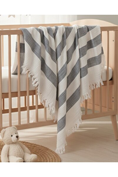 Ege Bebek Premium Quality Double Layer 110X90 cm Fringed Striped Luxury Musli...