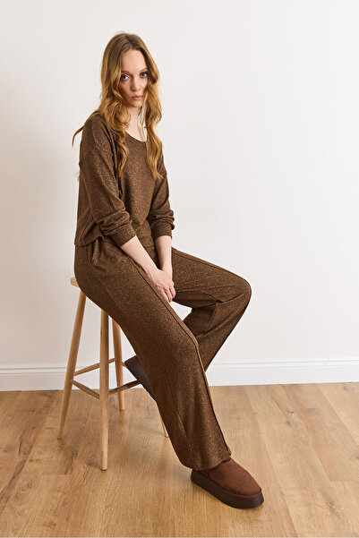 Olalook Kadın Kahverengi Pantolon Bluz Loose Fit Yumoş Takım TKM-19000472