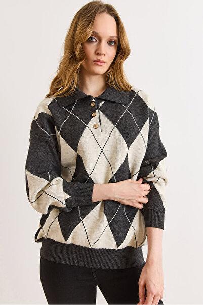 Olalook Women's Smoked Polo Neck Baklava Pattern Knitwear Sweater Kzk-19001127