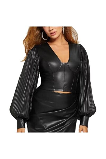 Guess Bluza din piele ecologica, Negru, W2BH68