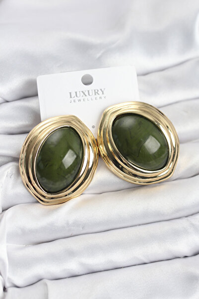 Twin Store Brass Green Almond Model Gold Women's Earrings