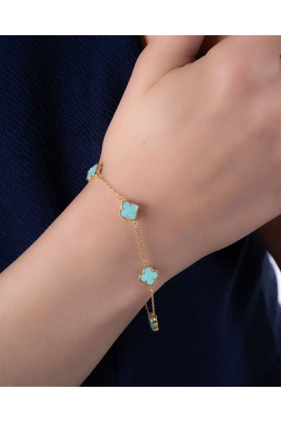 YCL JEWELLERY 8 Ayar Altın 5’li Turkuaz Yonca Bileklik