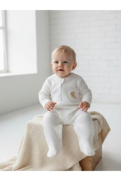 Zekids Baby Teddy Bear Patterned Quilted Zippered Jumpsuit