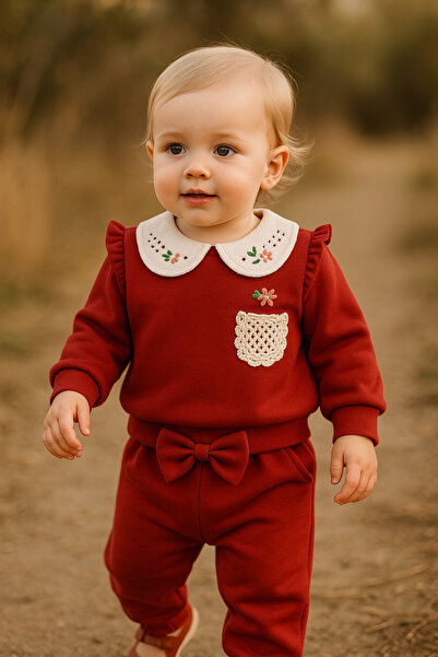Bebelul Embroidered blouse with decorative collar and bow-tie pants set