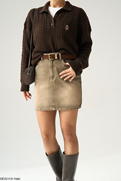 Miss Beyoğlu Fusta din denim cu centură, lavabilă, pentru femei