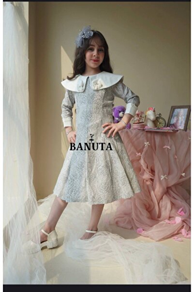 Banuta فستان بناتي رصاصي ناعم بكم وياقه ابيض