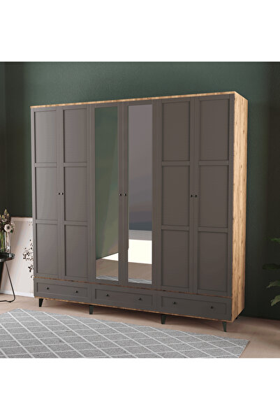 Teen & Bright TOPRAK 6 KAPAKLI ÇEKMECELİ GARDIROP - MDF KAPAK