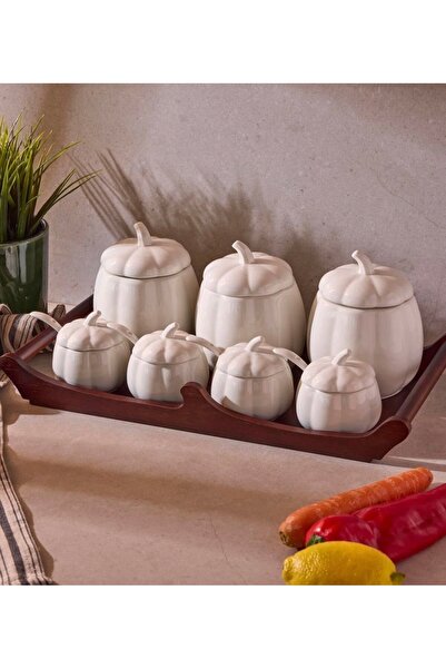 Home Çırağan Pumpkin Bal Kabağı 7'li Akasya Stantlı Porselen Baharat Takımı