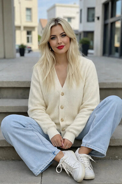 COMBİNE MİCHAİL Women's Transitional V-Neck Ecru Knitwear Sweater