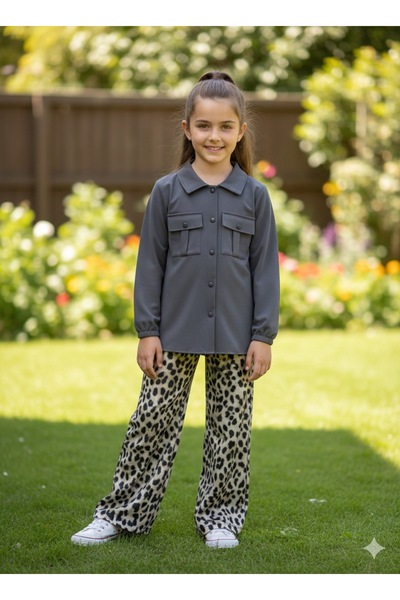 hisarpretty Girl's Leopard Print Pants and Anthracite Shirt Set
