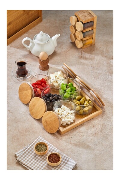 LAVİNİA Borosilikat Camlı 6’lı Yuvarlak Bambu Kapaklı, Tepsili Kahvaltı Takım...