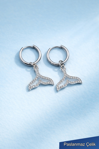 TREND COLLECTİON أقراط دائرية من الفولاذ بحجر فضي لامع على شكل حورية البحر - ...