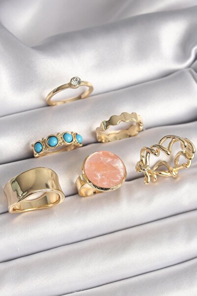 cleovibe Pirinç Gold Renk Daire Pembe Mineli Zirkon Taş Detaylı 6'Lı Kadın Yü...