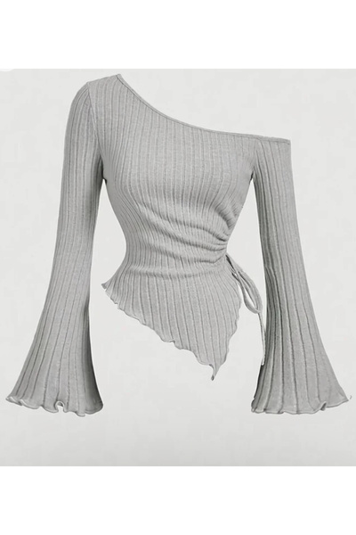 NO BRAND Women's Gray Asymmetrical Spanish Sleeve B Ruched Detail Knitwear Bl...