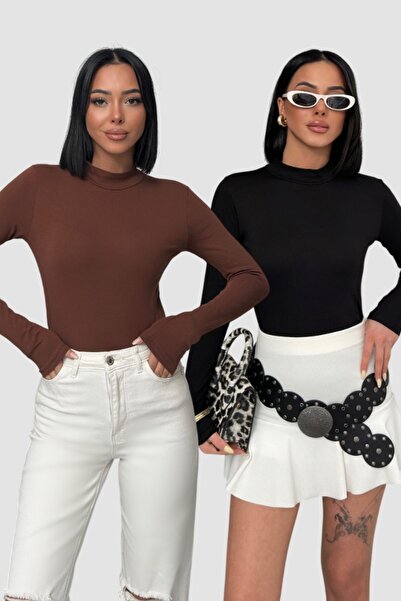 Lunamiratto Women's 2-Piece Long Sleeve Bodysuit Black-Brown Half Turtleneck ...