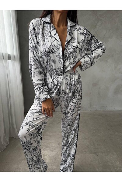Loraofsilk ACI KAHVE AĞAÇ DESEN SATEN PİJAMA TAKIMI