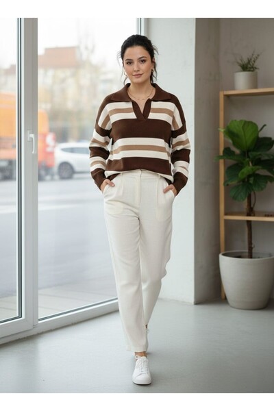 ASEZ BUTİK Oversized Striped Polo Neck Knitwear Sweater – Casual Stylish Knit...