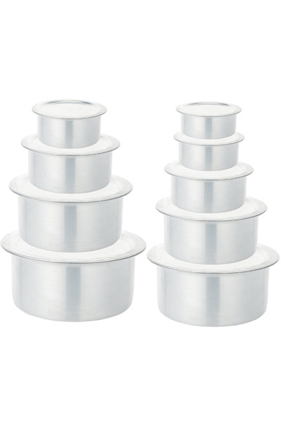 RAJ Set of 9 aluminum pots with flat, saucer-shaped lids, made in India, size...