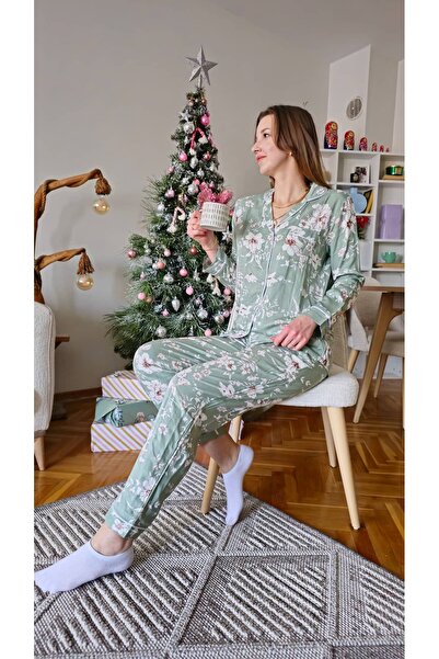 Butik Dokuma Yeşil Kadın Pijama Takımı