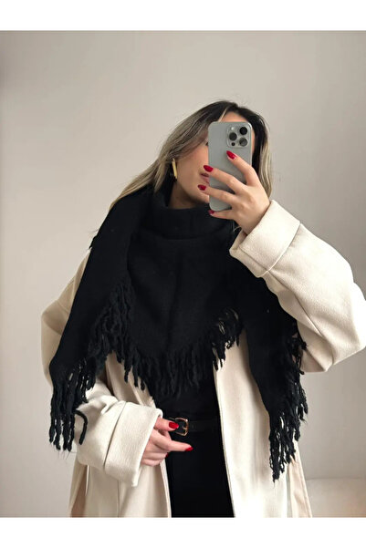 LEROSY CO. Tricotaj cu ciucuri triunghiulare șal negru