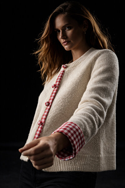 studio fashion 1988 Women's Cream Pötikare Paneled Knitwear Cardigan