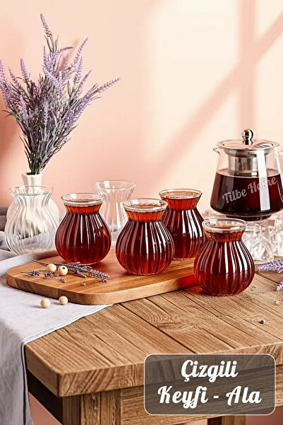 Tilbe Home 6’lı Çizgili Keyfi Ala Borosilikat Cam Çay Bardağı Seti Isıya Daya...