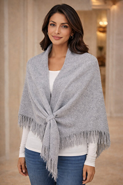 stravis Gray Tasseled Inner-Tie Triangle Shoulder Shawl