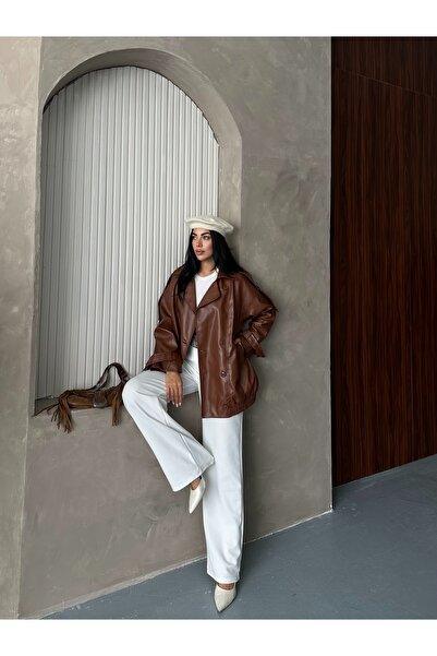 RİMA Brown Oversized Leather Jacket - Double-Breasted Collar Elastic Faux Lea...