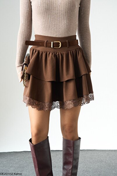 Miss Beyoğlu Fusta de damă maro cu detalii din dantelă