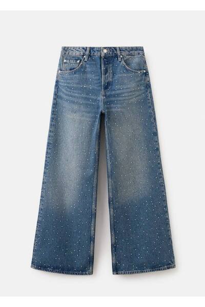 MANGO Woman Strass taşlı wide leg jean pantolon