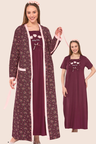 Emose Pamuklu Lohusa Hamile Uzun Sabahlıklı Gecelik Takım