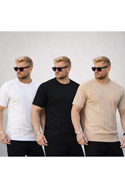 golden toptan Συσκευασία 3 τεμαχίων πλεκτών μπλουζών με λαιμόκοψη ποδηλάτου