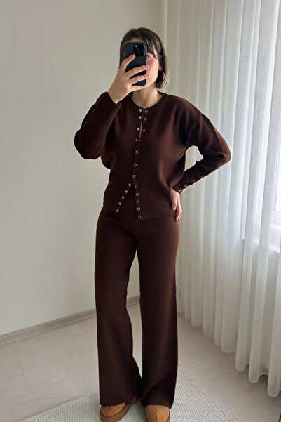 Kubos Moda Buttoned Knitwear with Waist Detail Brown Cardigan Pants Set