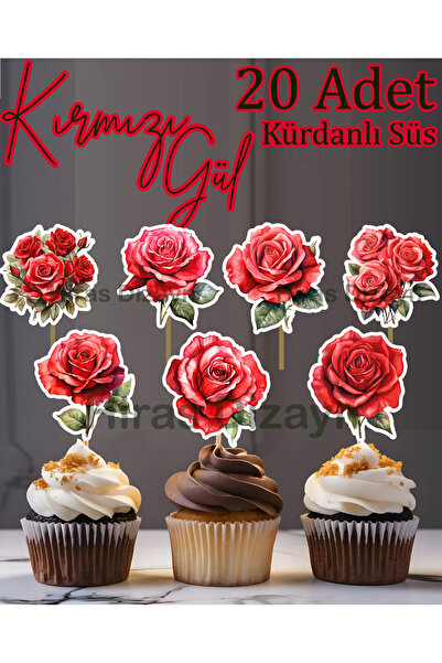 Hiras Dizayn 20 قطعة من زينة الورود الحمراء مع عيدان الأسنان لتزيين الكعك وال...