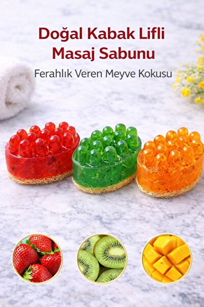 RenkliİzlerAtölyesi Doğal Kabak Lifli Masaj Sabunu 3 lü Set (Çilek,Mango ve K...