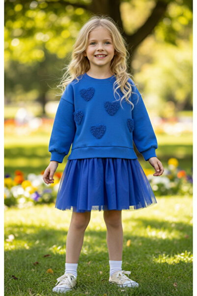 MODA Mavi Kalp Nakışlı Sweatshirt ve Tül Etekli elbise