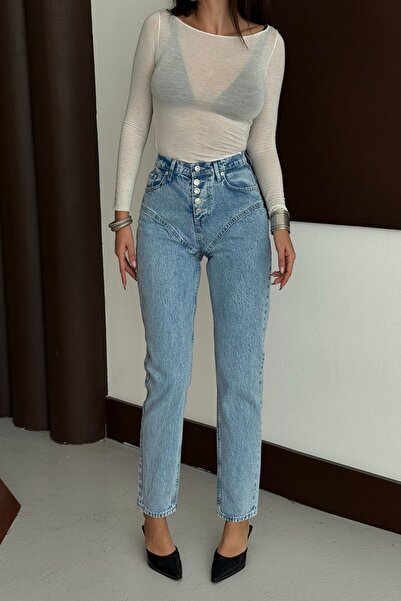 XRAY JEANS Pantaloni de damă, cu cusături, model Mom Fit, albastru gheață