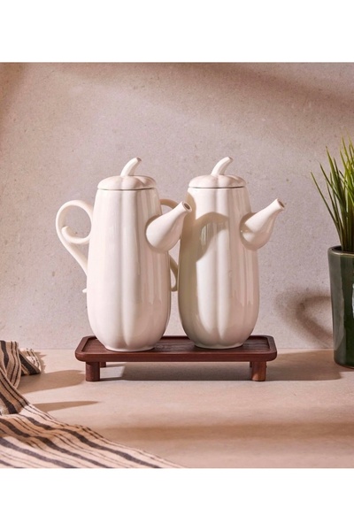 Home Çırağan Pumpkin Bal Kabağı 2'li 600 Ml Porselen Akasya Stantlı Yağlık Seti