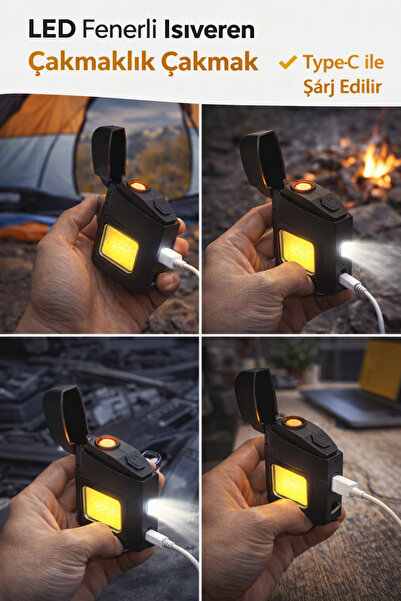 HGROUP LED Fenerli Isıveren Çakmaklık Çakmak Type-C Şarjlı Rüzgar Dayanıklı U...