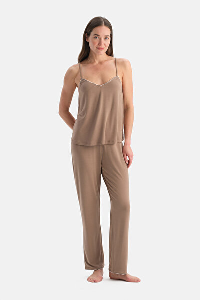 Dagi Set pantaloni sport cu decolteu în V Milk Coffee Siro viscoză