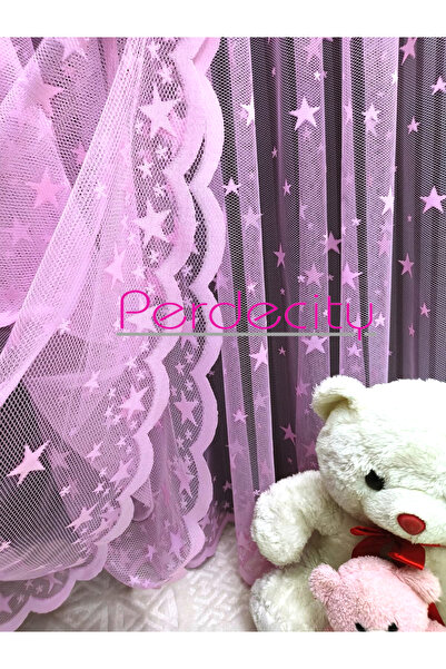PERDECITY Star Pattern Pink Color Children's Room Tulle Curtain 1X2.5 Pleated...