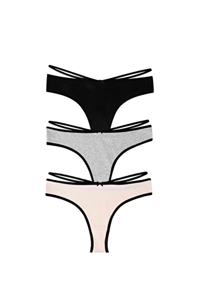 Dominant Kadın 3 Adet Şerit Detaylı Esnek Pamuklu Brazilian Külot - (Siyah, G...