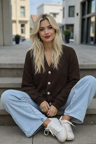 COMBİNE MİCHAİL Women's Transitional V-Neck Brown Knitwear Sweater