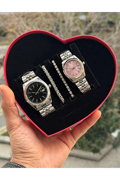 Tulpar Special Design Red Heart Boxed Lover Couple Wristwatch Set with Calend...