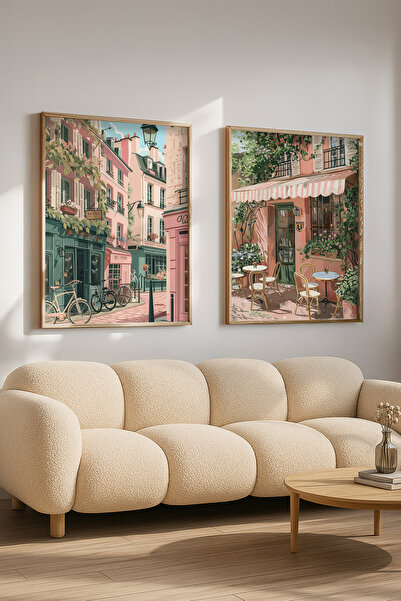 STARYUNA Set de pictură dublă cu vedere la stradă din Paris cu rame din lemn ...