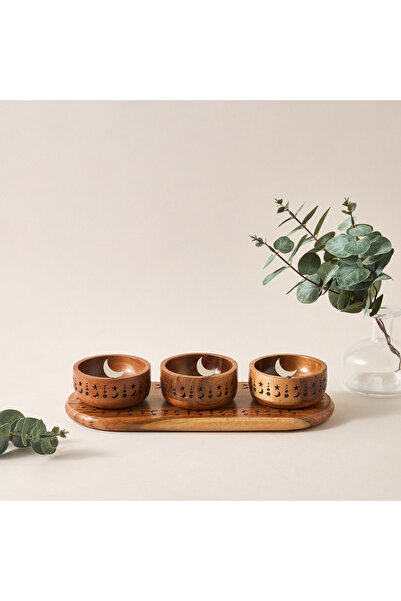 Lifestyle Noor 3-Bowl Star and Moon Cutout Condiment Set with Tray - 33x14 cms
